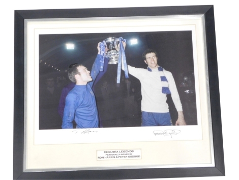 A replica photograph titled Chelsea Legends, personally signed by Ron Harris and Peter Osgood, with certificate of authenticity from M S R memorabilia.