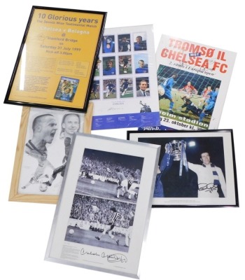 A collection of signed Chelsea football club memorabilia, to include a poster for the European cup match against Tromso, photograph signed by Ron Harris and Peter Osgood, poster for Ten Glorious Years Dennis Wise Testimonial Match and a Malcolm Macdonald