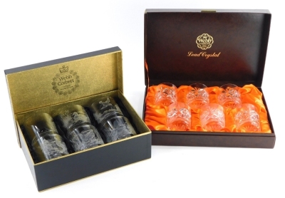 A set of six Webb Corbett tumblers, each engraved with a game bird, to include grouse, woodcock, snipe, etc., in fitted case, and a set of Webb Corbett continental lead crystal tumblers, boxed. (2)