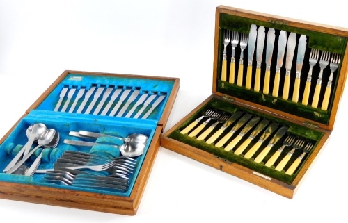 A set of twelve fish knives and forks, in fitted case, stamped Elkington and Co Liverpool, and a mahogany canteen containing Viners stainless steel cutlery, part set.