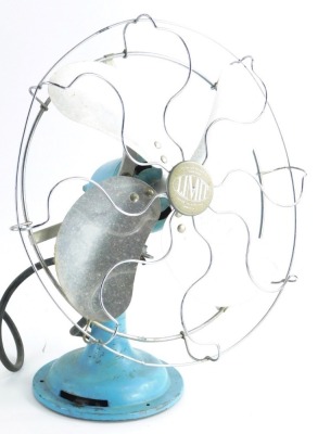 A Limit vintage metal and chrome plated desk fan, in pale blue, (AF), 37cm high. WARNING! This lot contains untested or unsafe electrical items. It is supplied for scrap or re-conditioningonly. TRADE ONLY