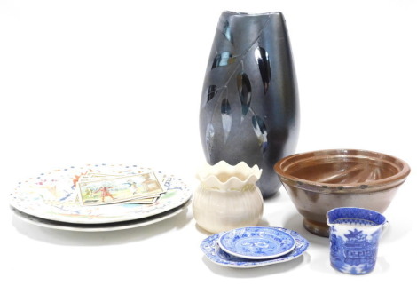 A collection of ceramics, etc., to include a melon shaped stoneware mould, pair of chamberlains Worcester plates, each decorated with an oriental style, Poole studio ware vase, blue and white cream jug, Beleek vase, Liebig cards, etc.