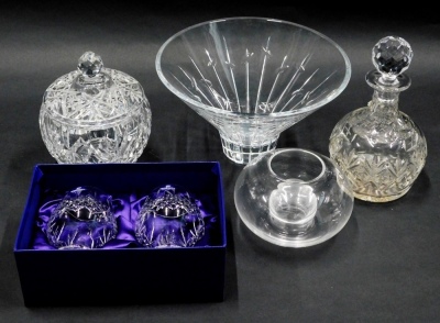 An Edinburgh crystal bowl, with cut glass decoration, a decanter and stopper, and a box and cover, a Dartington Sam Sweet Flower vessel and a pair of Edinburgh crystal brandy glasses.