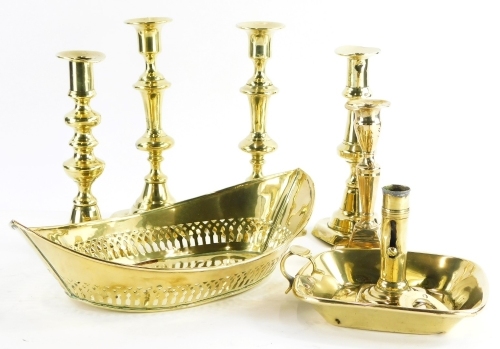 Various Victorian and later candlesticks, an oval pierced basket.