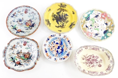 A Mason's ironstone oval purple printed dish, and various Mason's plates, etc.