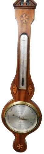 A. Barnascone and Co, London. A 19thC mahogany and marquetry wheel barometer, 99cm high.