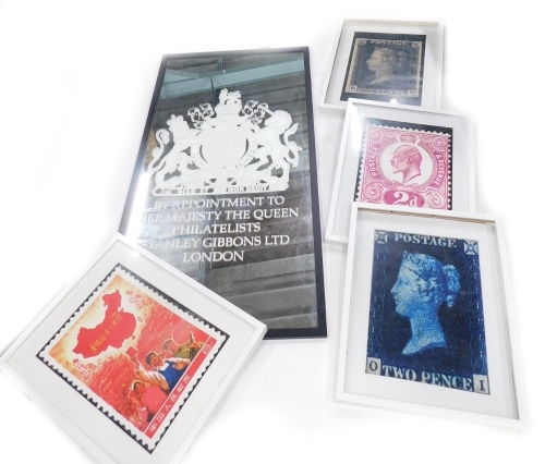 An unusual wall mirror, printed with the Royal crest, by appointment to Her Majesty The Queen, Stanley Gibbons Limited, London, in ebonised frame, 117cm high, 61cm wide, and four framed stamp posters. (5)