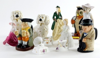 A quantity of ceramics, to include a pair of Beswick spaniels, Royal Worcester Perfect Day figurine, an owl ornament, Coalport In Love figurine, Royal Doulton figure of Julie, Royal Doulton Winston Churchill toby jug, Nao figure, etc.