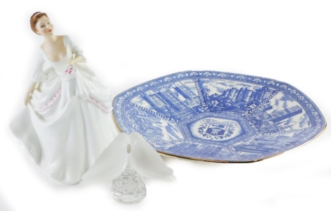 A collection of items, to include a pair of Lalique style doves, Royal Doulton figurine Carol and a Ringtons Millennium plate. (3)