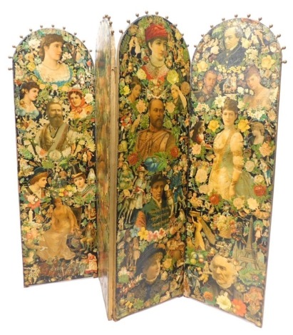 A Victorian four fold screen, with decoupage decoration overall of scraps depicting political figures, members of the royal family, flowers, etc., 170cm high x 200 cm wide.