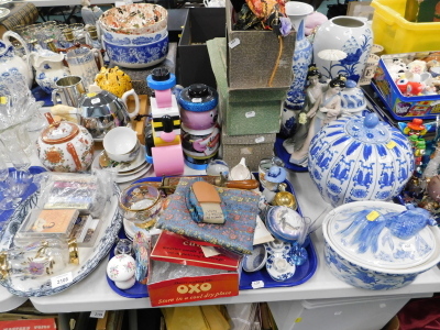 A collection of blue and white oriental style wares, to include dish and cover, the cover decorated with a fish, figures of geisha, etc., a Bassetts liquorice novelty tin, transfer printed oval plate, oriental style teapot, tankard, a Royal Worcester egg