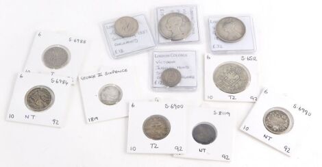 A quantity of British silver coins, to include Victorian half crown George IV shilling, George III six pence, etc.