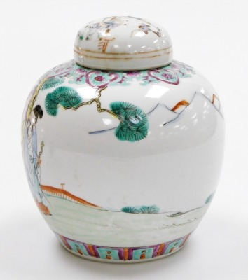 A Qing dynasty late 19thC famille rose porcelain ginger jar and cover, decorated with figures in a garden setting, the lid with children playing, four character Qianlong mark in red to the base, 20cm high. - 2