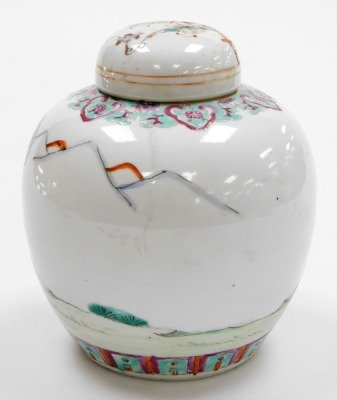 A Qing dynasty late 19thC famille rose porcelain ginger jar and cover, decorated with figures in a garden setting, the lid with children playing, four character Qianlong mark in red to the base, 20cm high. - 3