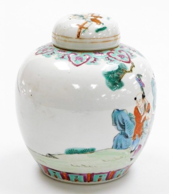 A Qing dynasty late 19thC famille rose porcelain ginger jar and cover, decorated with figures in a garden setting, the lid with children playing, four character Qianlong mark in red to the base, 20cm high. - 4