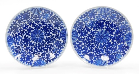 A pair of Chinese blue and white porcelain plates, each with scrolling lotus design, the reverse with bamboo branches, 26cm diameter.