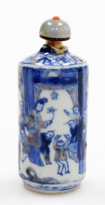 A Chinese blue, white and underglaze red snuff bottle, with hardstone stopper, decorated with children playing, with six character Qianlong mark to base, 9cm high. (AF)