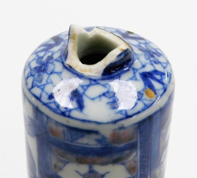 A Chinese blue, white and underglaze red snuff bottle, with hardstone stopper, decorated with children playing, with six character Qianlong mark to base, 9cm high. (AF) - 6