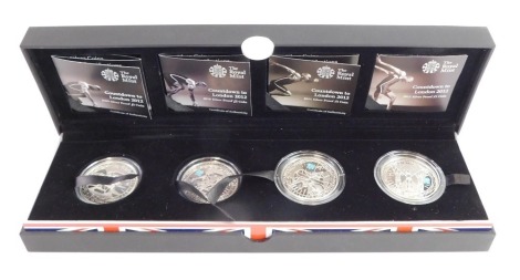 A Royal Mint Countdown To London 2012 silver proof coin set, with 2009 to 2012 five pound proof coins, in fitted case.