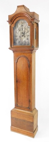 T H Hunsdon of Chelmsford. An early 19thC oak long case clock, the silvered break arch dial bearing Roman and Arabic numerals, subsidiary seconds and chime silent dials, two train eight day movement with bell strike, the hood with fluted pilasters, faux 