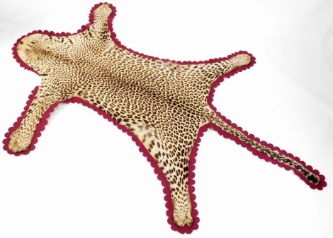 A leopard skin rug, with flattened head, on plum coloured lining, 79cm long. NOTE : CITES Annex A, Appendix I (Exempt).