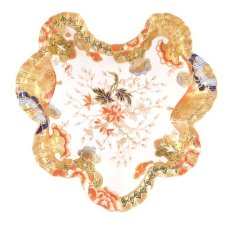 A Crown Derby 19thC porcelain dessert dish, Imari decorated with blossom and flowers, within a gilt border, numbered 2920, printed, painted and impressed marks, 24cm wide.