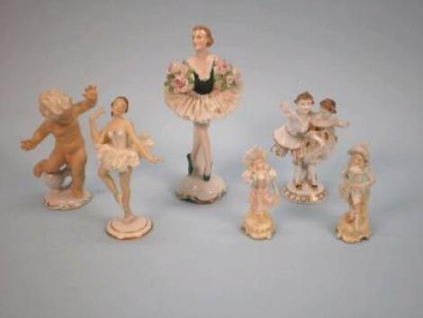 Three Dresden crinoline porcelain figures of dancers