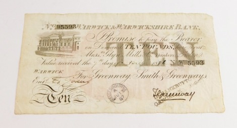 19thC Warwick and Warwickshire Bank note £10, number W5593, dated 7th April 1886, with bankrupting cancellation stamp.