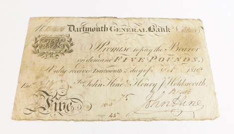 A 19thC Dartmouth General Bank £5 note, number B1480, dated 5th October 1818.