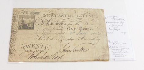 An Early 19thC Newcastle Upon Tyne £1 note, number 4198, dated 7th July 1802, stamped and inscribed verso.