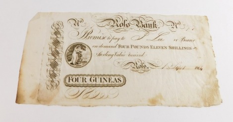 A 19thC Ross Bank four guineas, number 377, dated September 1814.