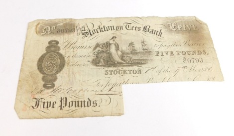 A 19thC Stockton On Tees Bank £5 note, number A/C 0793, dated 1st September 1886, with cancellation cut.