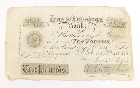 A 19thC Lynn Regis & Norfolk Bank £10 note, number A10215, dated 10th October 1887.