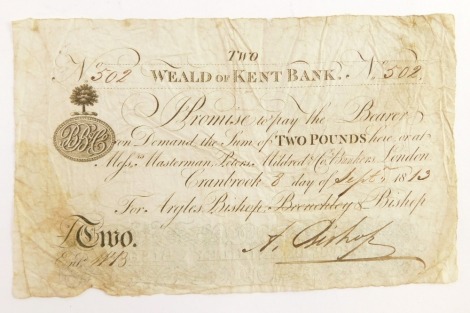An Early 19thC Weald of Kent Bank £2 note, number 502, dated 8th September 1813.
