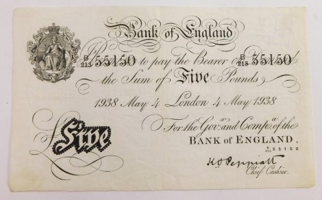 A Bank of England £5 note, number B/213 55150, dated 4th May 1938, Peppiatt.