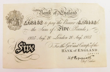 An 'Operation Bernhard' Bank of England £5 note, Nazi forged bank note, WWII period.