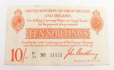 A Treasury Series 10 shillings note, John Bradbury, 1915.