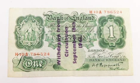 A Bank of England £1 note, Peppiatt, with WWII Occupation of Guernsey withdrawn stamp, September 18th 1941.