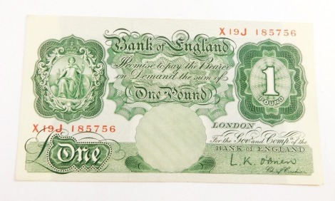 A Bank of England £1 note, O'Brien, number X19J 185756, 1955.