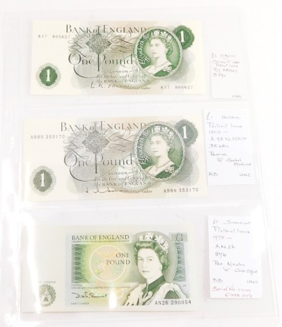 A Bank of England £1 note, O'Brien, number R17 805627, circa 1960, another circa 1965, A98N 353170 and £1 Somerset Hollons, circa 1978, AN290054. (3)