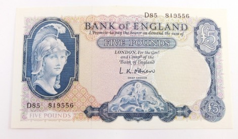 A Bank of England £5 note, O'Brien, number D85 819556, 1957.