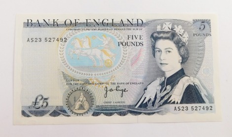 A Bank of England £5 note, Page, number A523 527492, 1973.
