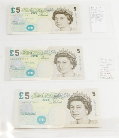 Three Bank of England £5 notes, Lowther, prefixes HB07, LL75 and LTT05.