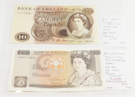 Two Bank of England £10 note, Hollom, number A31 041951 and another £10, Somerset, AU48 119025, 1984.