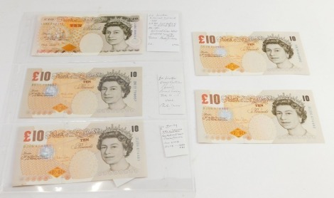 Five Bank of England £10 notes, Lowther (2) and Bailey (3), LA80 and BK11, and DJ08 (2), DK19, 1999, 2000 and 2004 respectively.