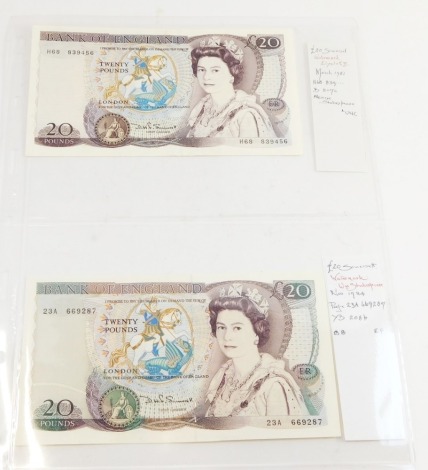 Two Bank of England £20 notes, Somerset, 1981 an 1984, number H68 839456 and 23A 669287 respectively.