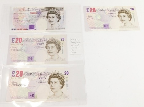Four Bank of England £20 notes, Gill (1) A01, Barley (2) EH04 and EA44, and Lowther CC44.