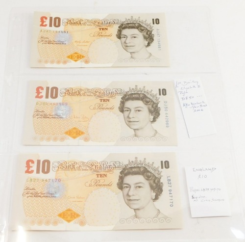 Three Bank of England £10 notes, lowther (1) AJ47, Bailey (1) DJ50 and Salmon LB27.