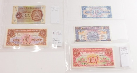 British Armed Forces bank notes, including Military Authority5/- C1943, and special vouchers for 1/-, 5/-, 10/- and £1.