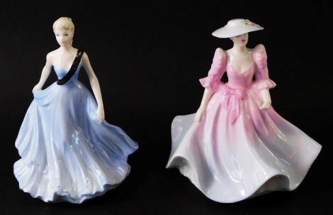 Two Coalport porcelain ladies, comprising The Royal Caledodian Ball and The Garden Party, 13cm and 12cm high. (2)